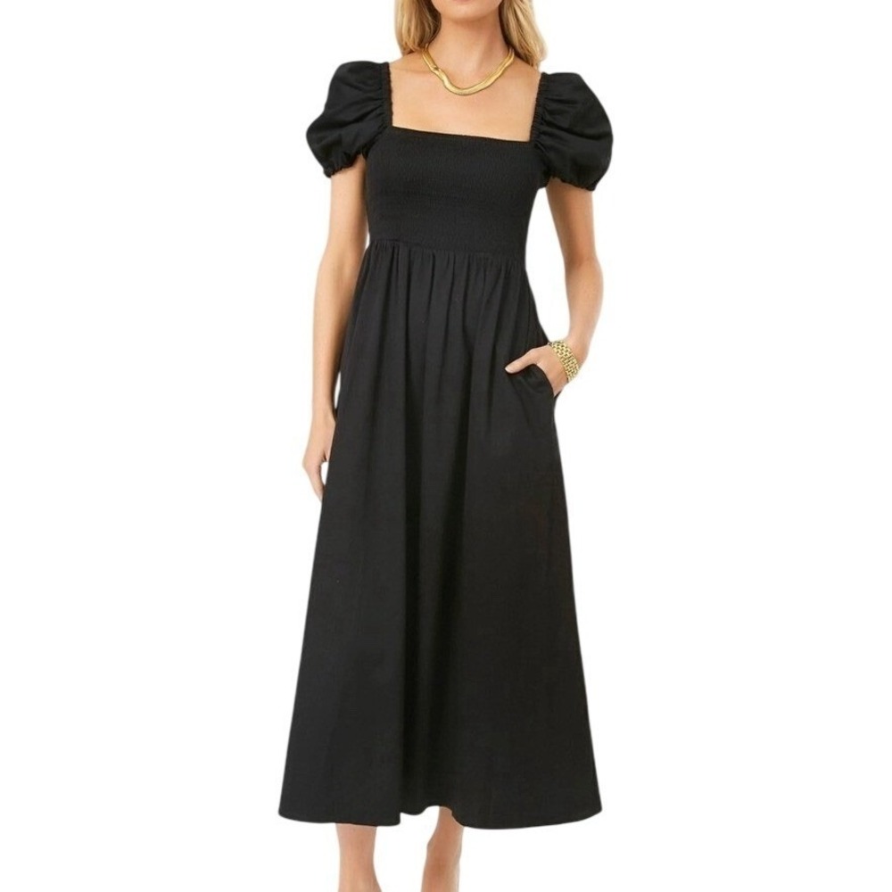 Tuckernuck Size Medium Maxi Dress Puff Sleeve Square Neck Black Pockets Coquette
